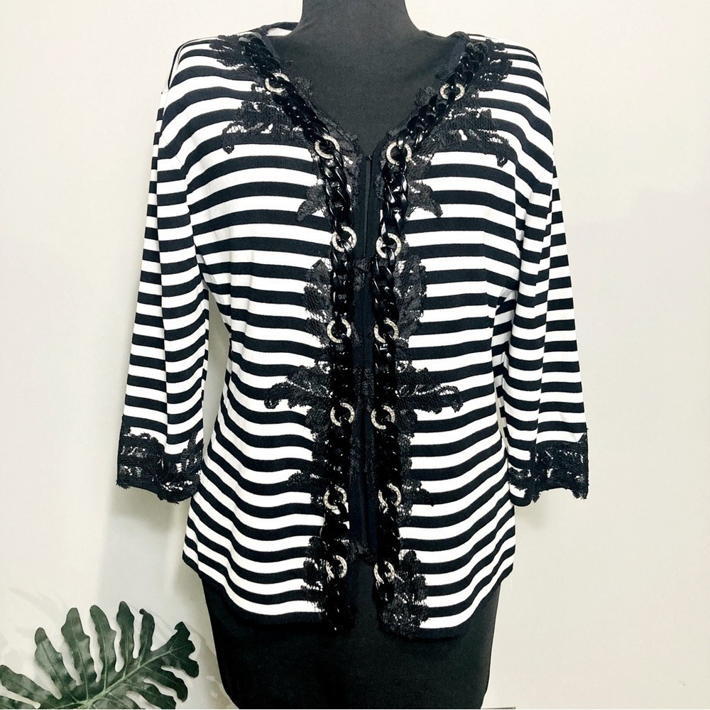 Excellent Condition Cardigan w/Lace & Chain Detail, 3/4‎ Sleeve by Moffi Size 10